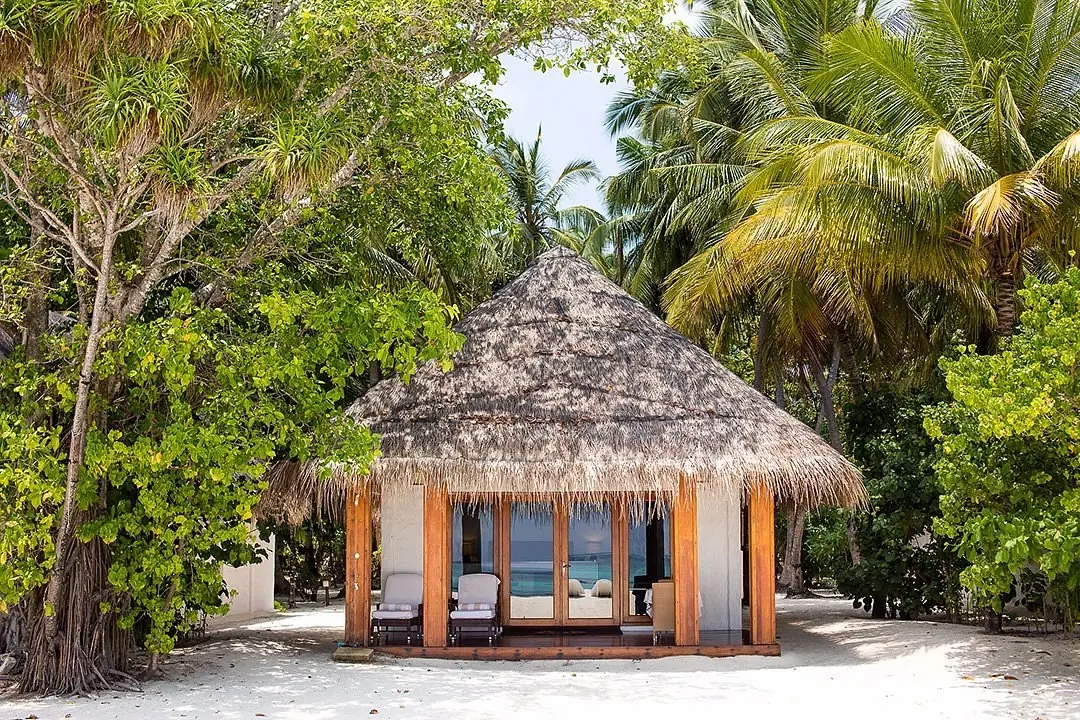 A traditional thatched-roof bungalow framed by palms on the beach